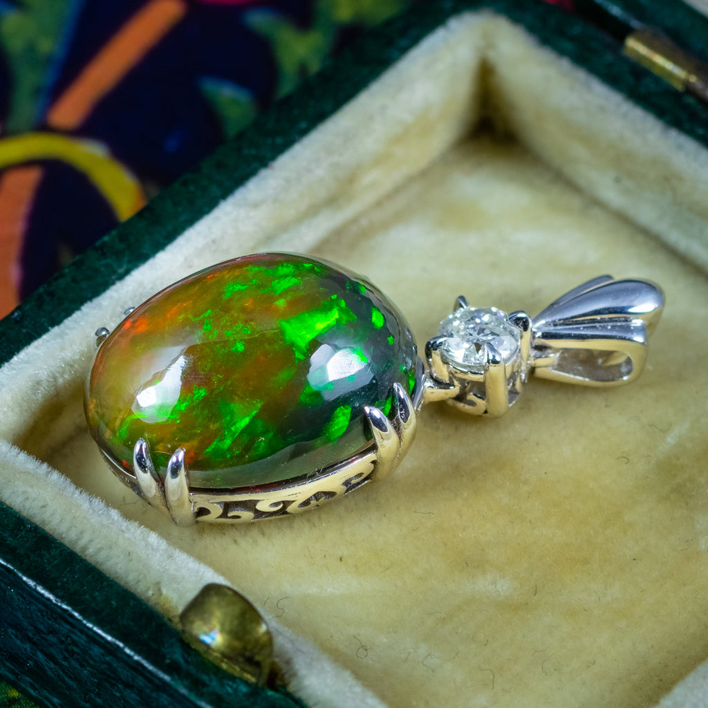Edwardian Style Black Opal Diamond Pendant 18ct Gold 6.87ct Natural Opal