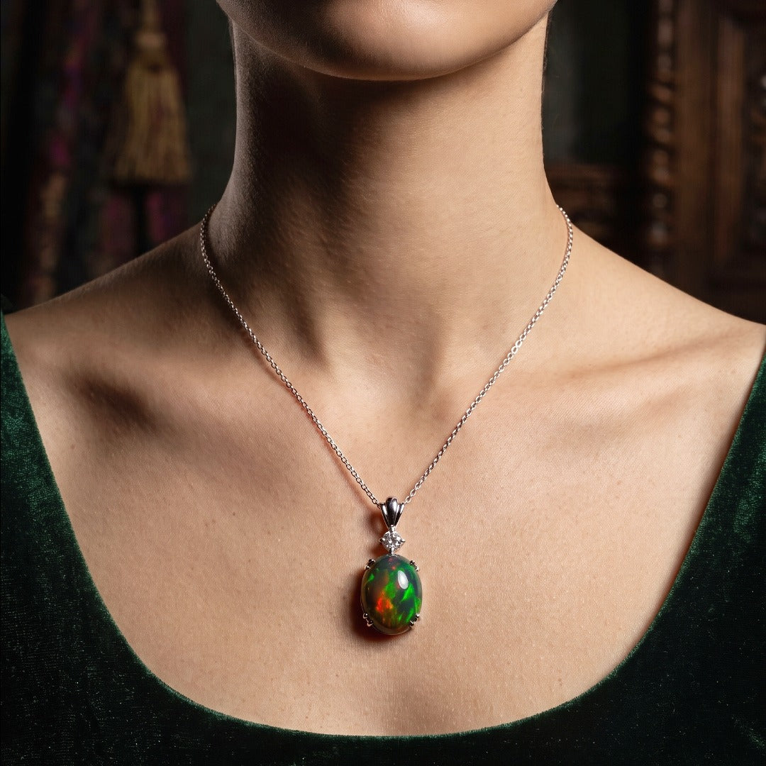Edwardian Style Black Opal Diamond Pendant 18ct Gold 6.87ct Natural Opal Secondary image