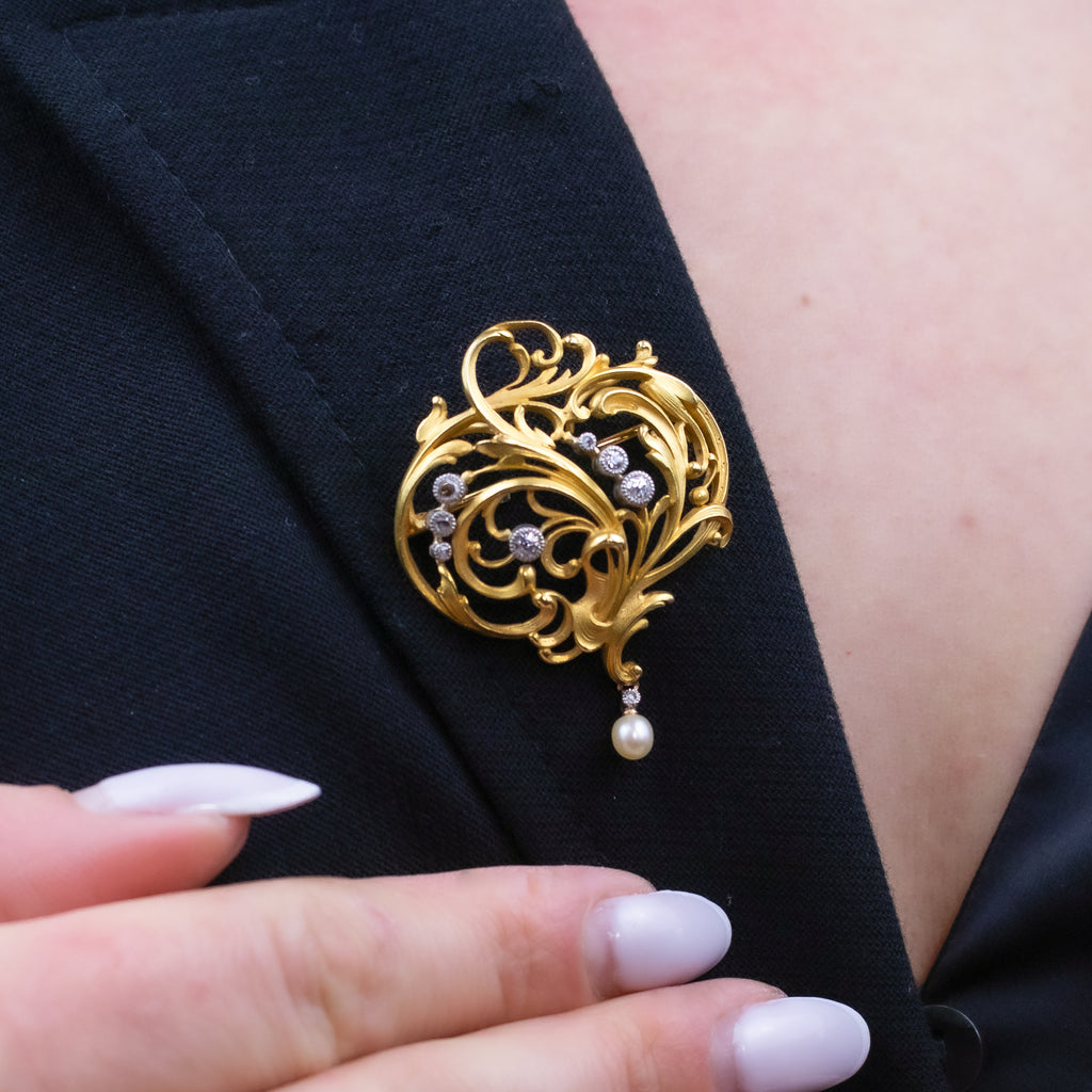 Antique Victorian Diamond Brooch Art Nouveau 18ct Gold