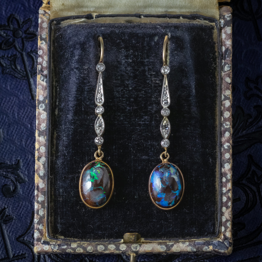 Antique Edwardian Black Opal Diamond Drop Earrings Platinum 18ct Gold