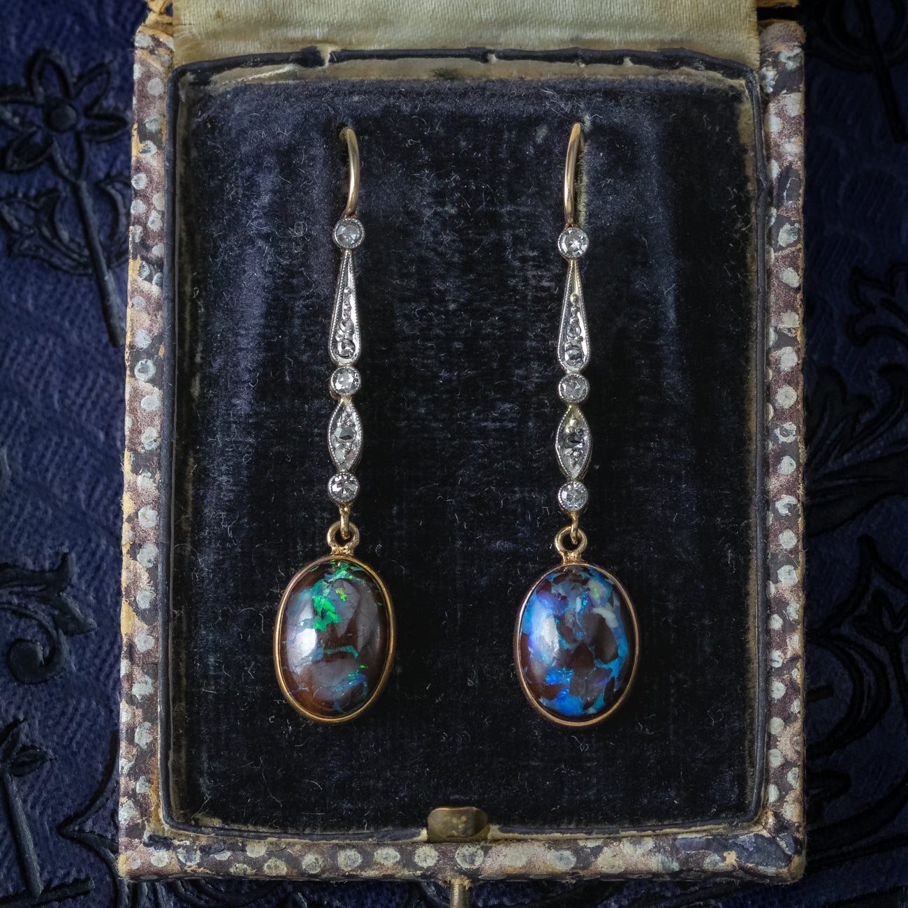 Antique Edwardian Black Opal Diamond Drop Earrings Platinum 18ct Gold