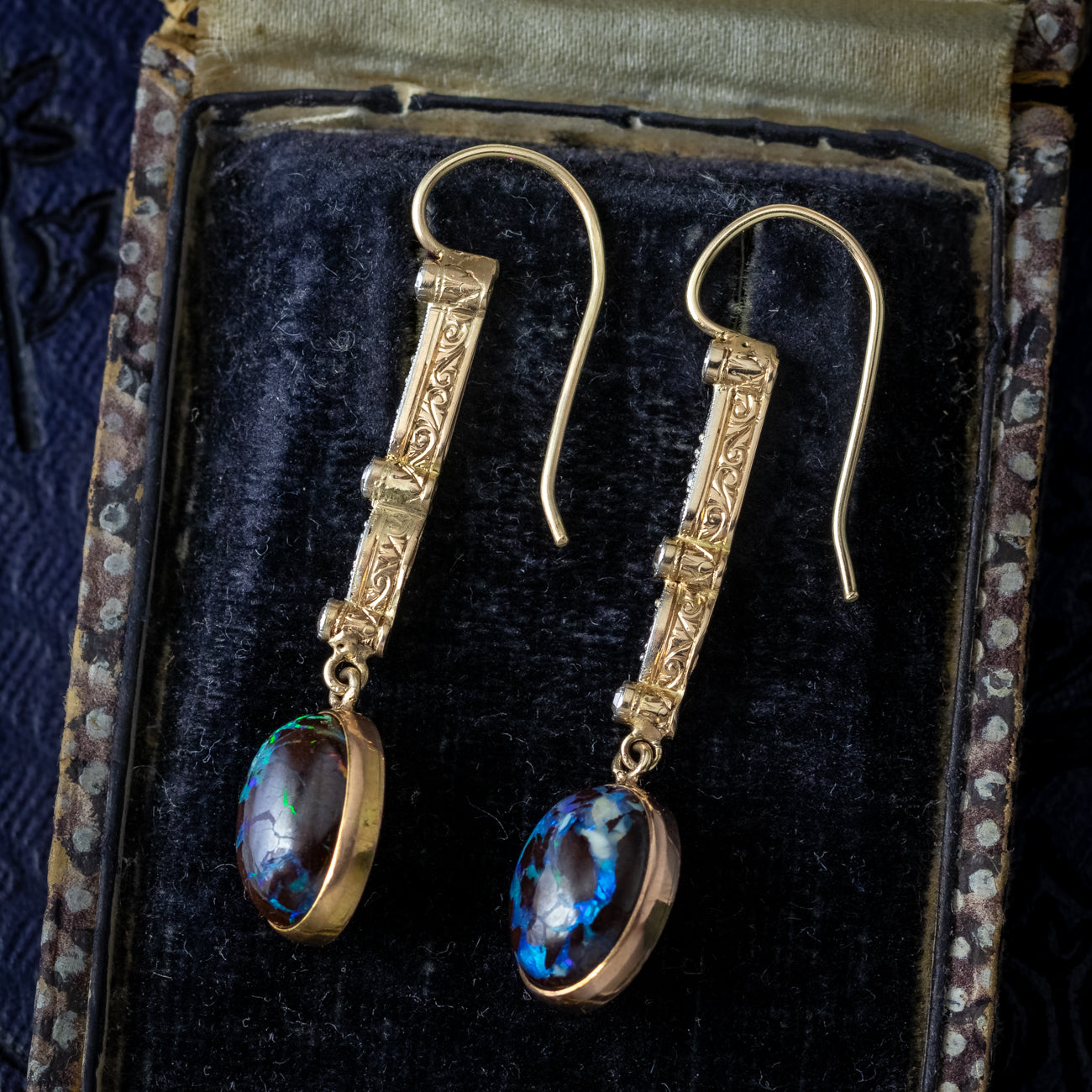 Antique Edwardian Black Opal Diamond Drop Earrings Platinum 18ct Gold
