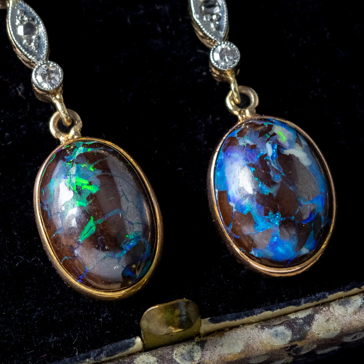 Antique Edwardian Black Opal Diamond Drop Earrings Platinum 18ct Gold