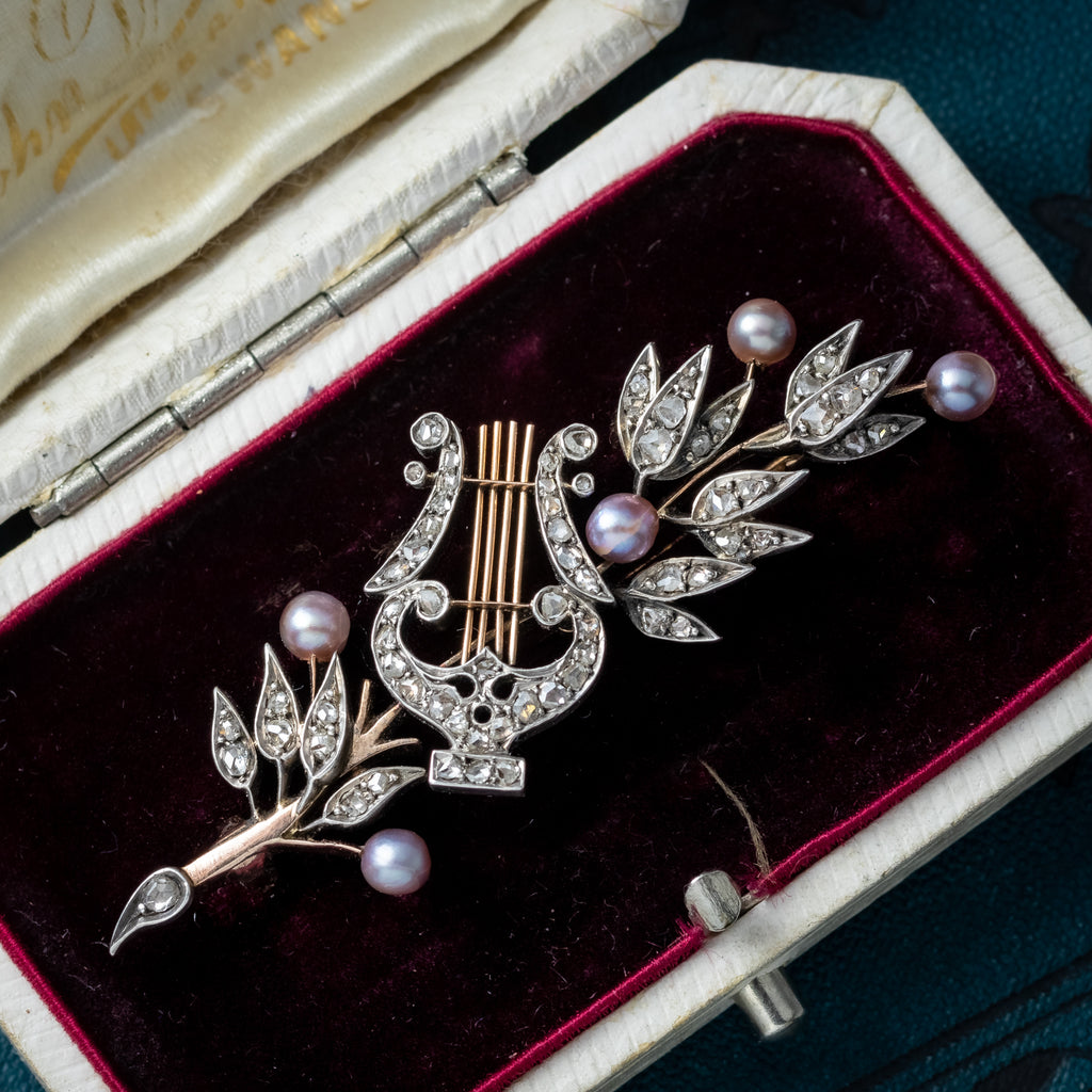 Antique Victorian French Brooch Pearl Diamond Olive Branch And Lyre With Box
