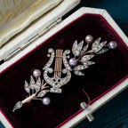 Antique Victorian French Brooch Pearl Diamond Olive Branch And Lyre With Box
