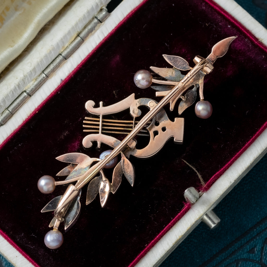 Antique Victorian French Brooch Pearl Diamond Olive Branch And Lyre With Box