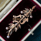 Antique Victorian French Brooch Pearl Diamond Olive Branch And Lyre With Box