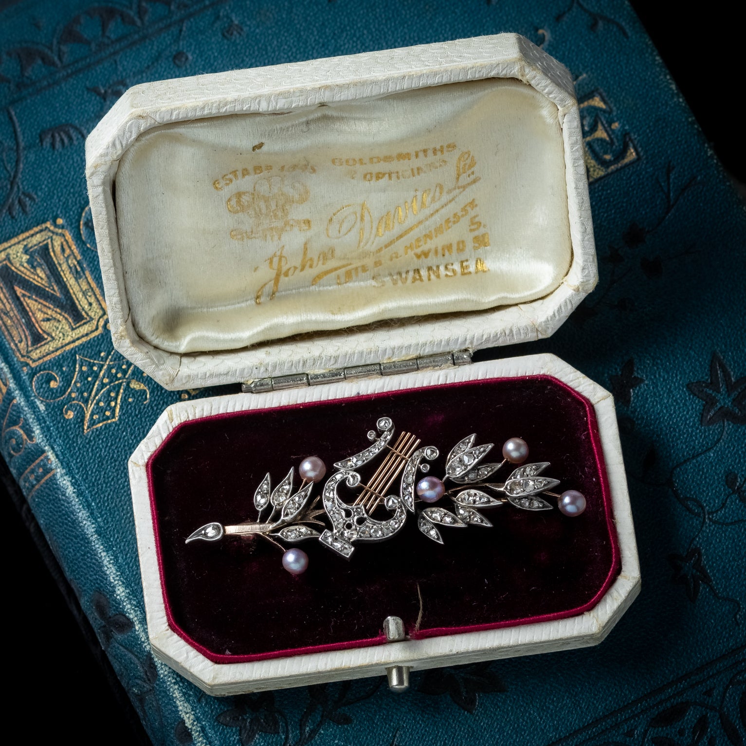 Antique Victorian French Brooch Pearl Diamond Olive Branch And Lyre With Box