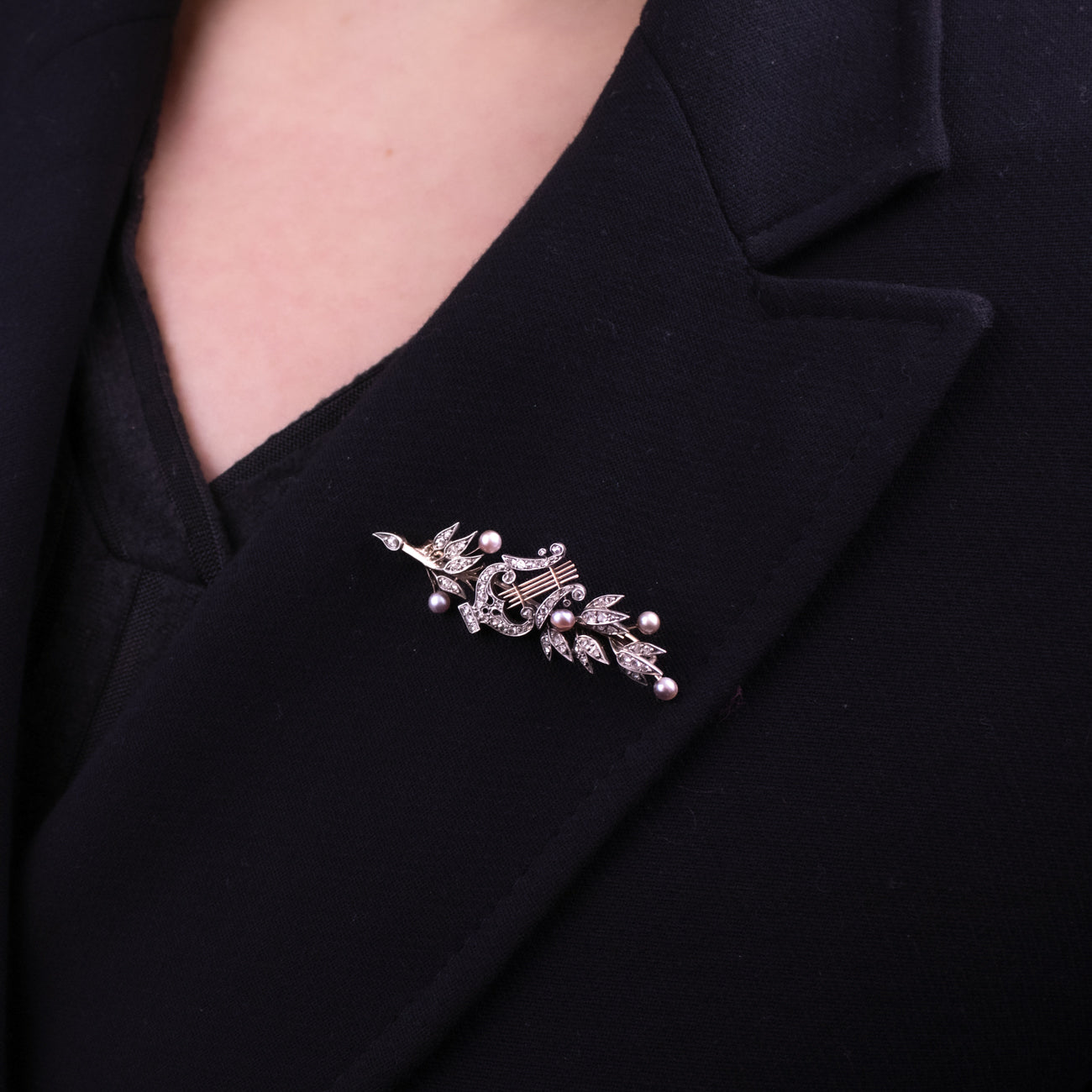 Antique Victorian French Brooch Pearl Diamond Olive Branch And Lyre With Box Secondary image