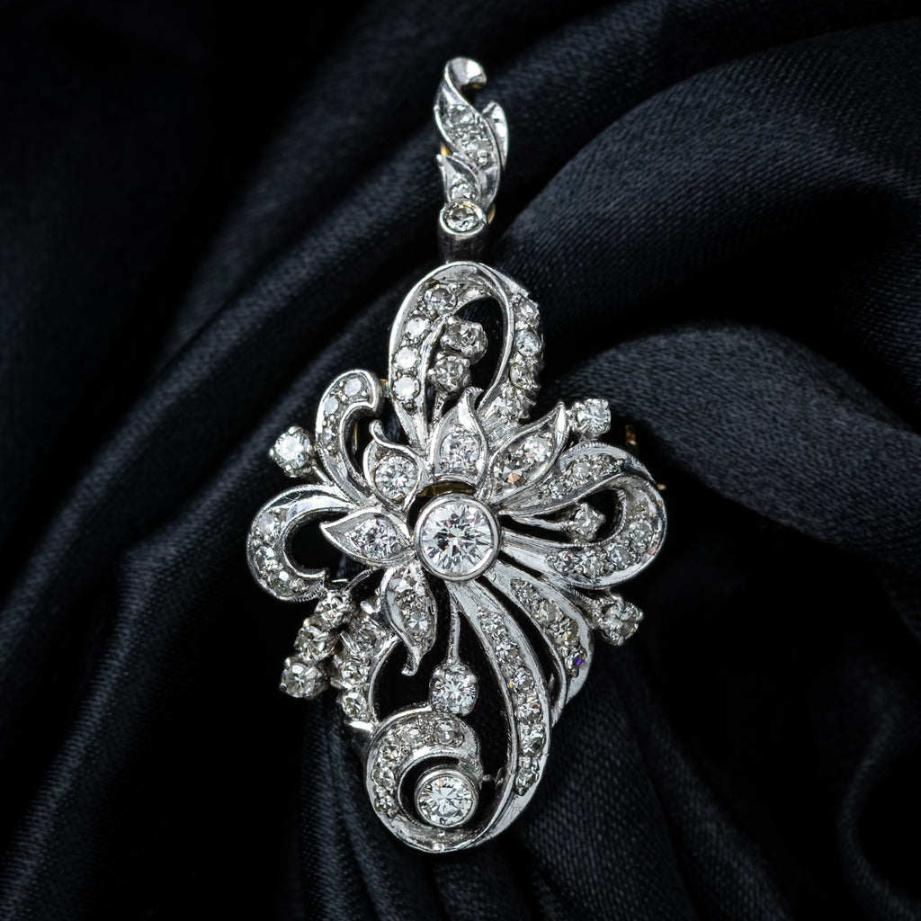 Antique Edwardian Diamond Pendant Brooch 18ct Gold Platinum 1.4ct Diamond