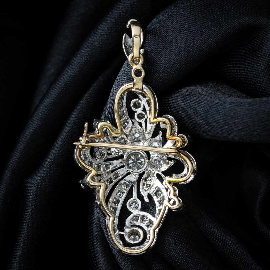 Antique Edwardian Diamond Pendant Brooch 18ct Gold Platinum 1.4ct Diamond