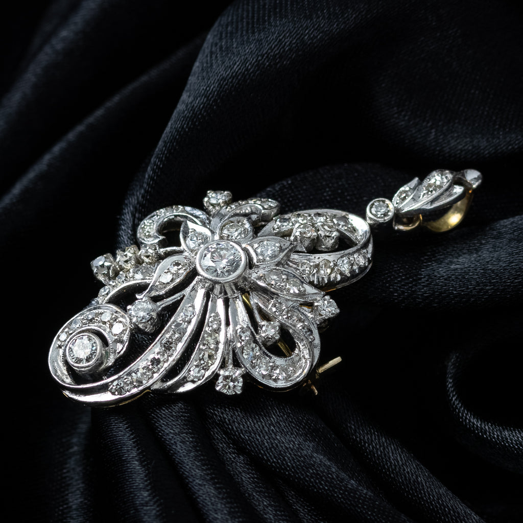 Antique Edwardian Diamond Pendant Brooch 18ct Gold Platinum 1.4ct Diamond