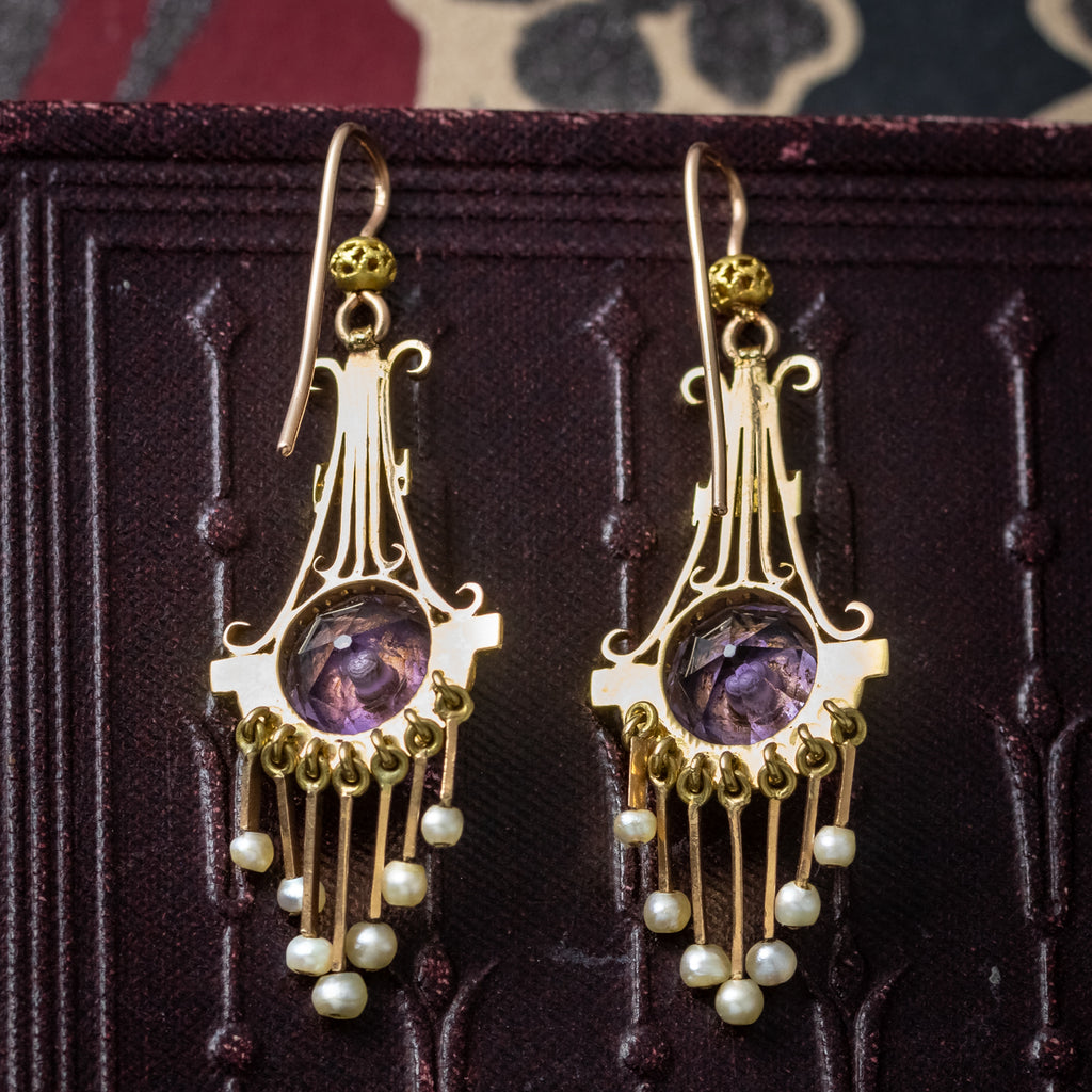 Antique Victorian Drop Earrings Amethyst Pearl 18ct Gold 