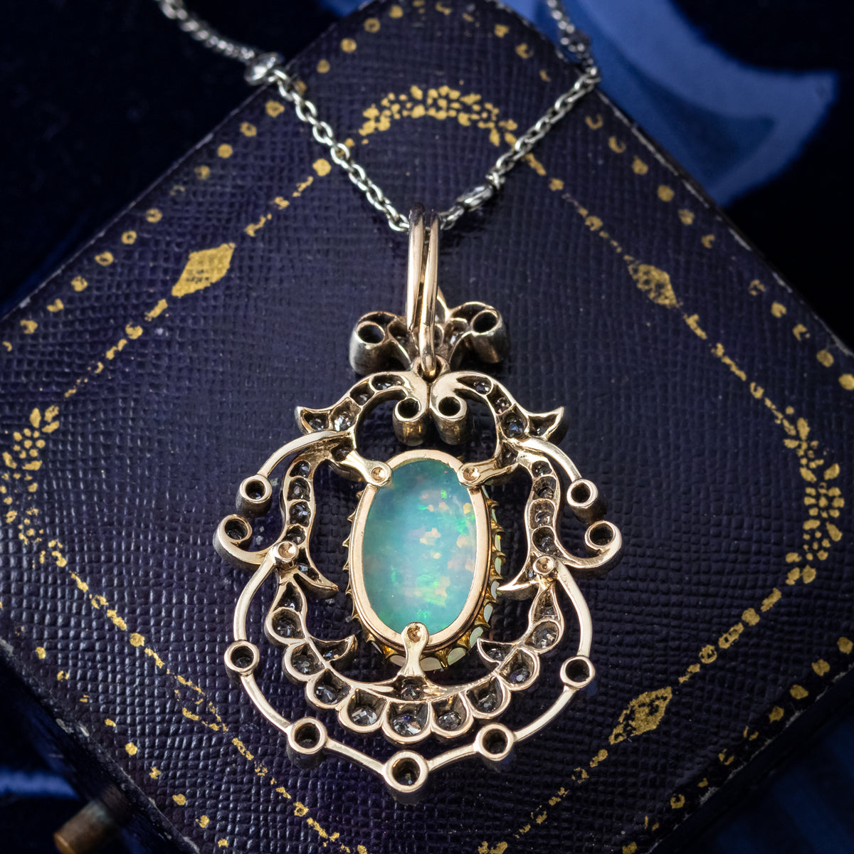 Antique Victorian Opal Diamond Pendant Silver 18ct Gold Platinum Chain