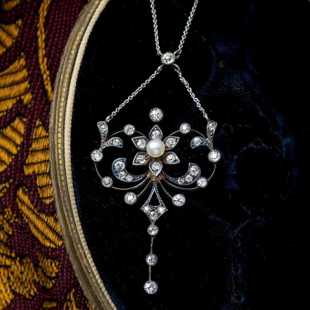 Antique Edwardian Pearl Diamond Flower Necklace With Box