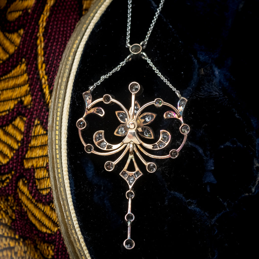 Antique Edwardian Pearl Diamond Flower Necklace With Box