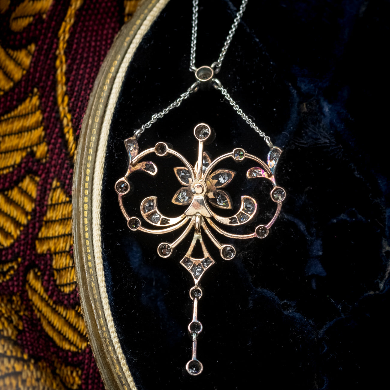 Antique Edwardian Pearl Diamond Flower Necklace With Box