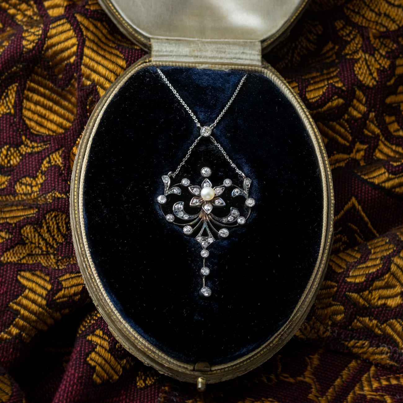 Antique Edwardian Pearl Diamond Flower Necklace With Box Secondary image