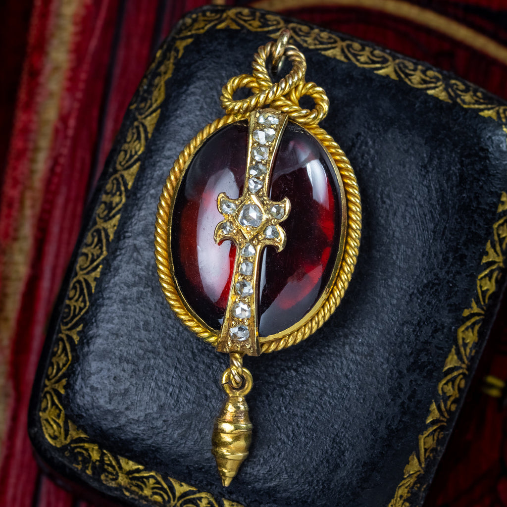 Antique Victorian Garnet Diamond Pendant Locket 18ct Gold