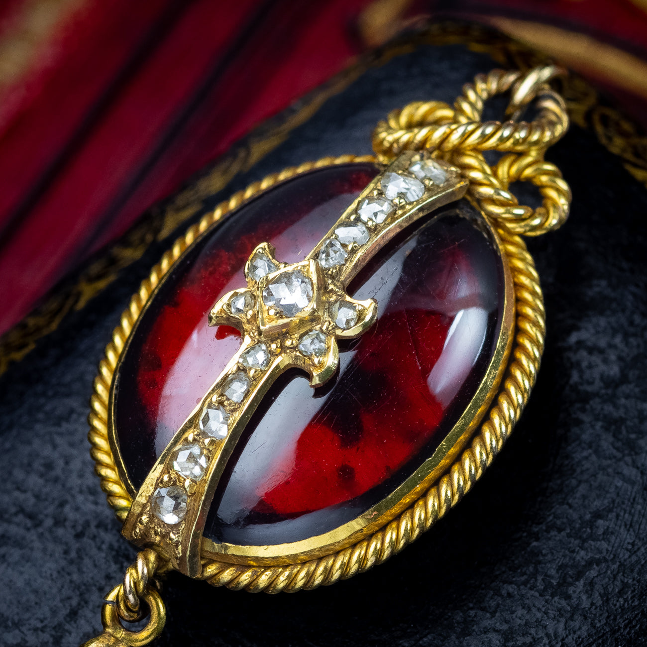 Antique Victorian Garnet Diamond Pendant Locket 18ct Gold