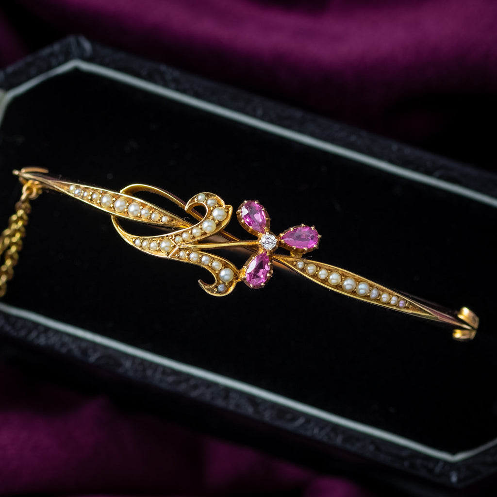 Antique Victorian Flower Bangle 15ct Gold Pink Sapphire Diamond Pearl