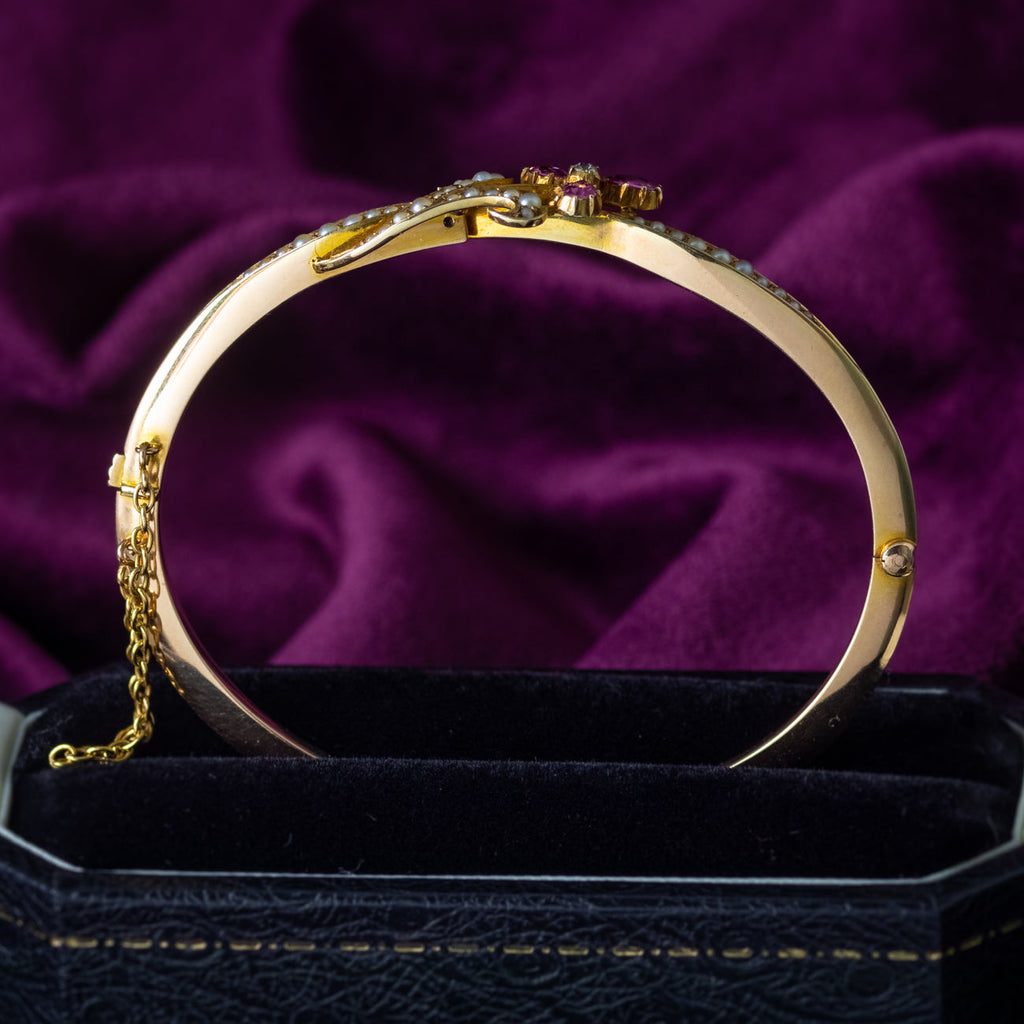 Antique Victorian Flower Bangle 15ct Gold Pink Sapphire Diamond Pearl