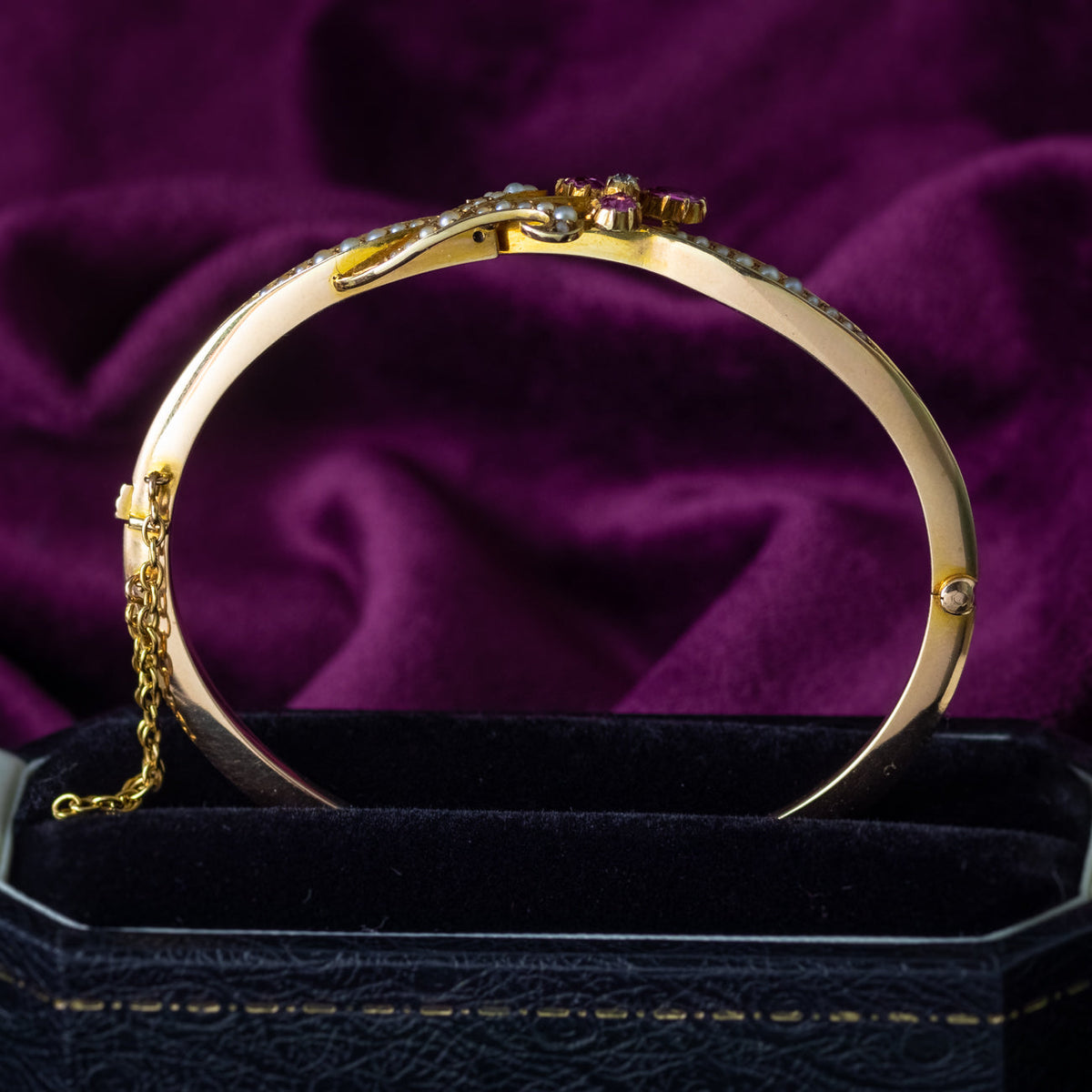 Antique Victorian Flower Bangle 15ct Gold Pink Sapphire Diamond Pearl