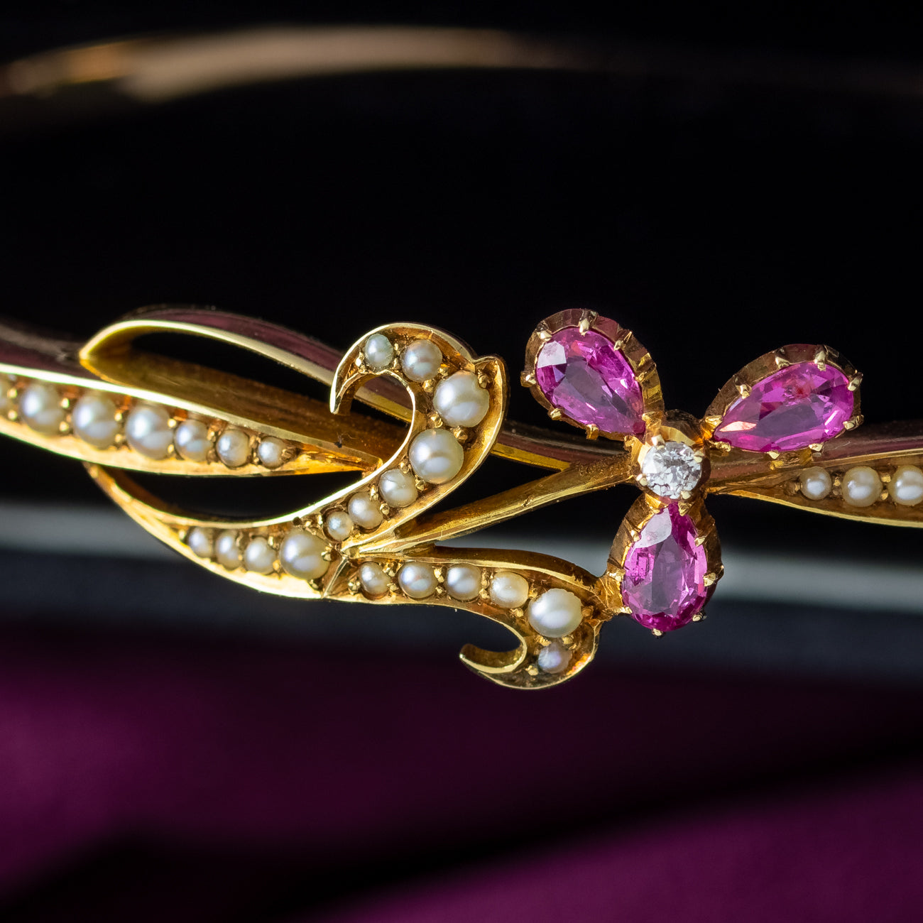 Antique Victorian Flower Bangle 15ct Gold Pink Sapphire Diamond Pearl