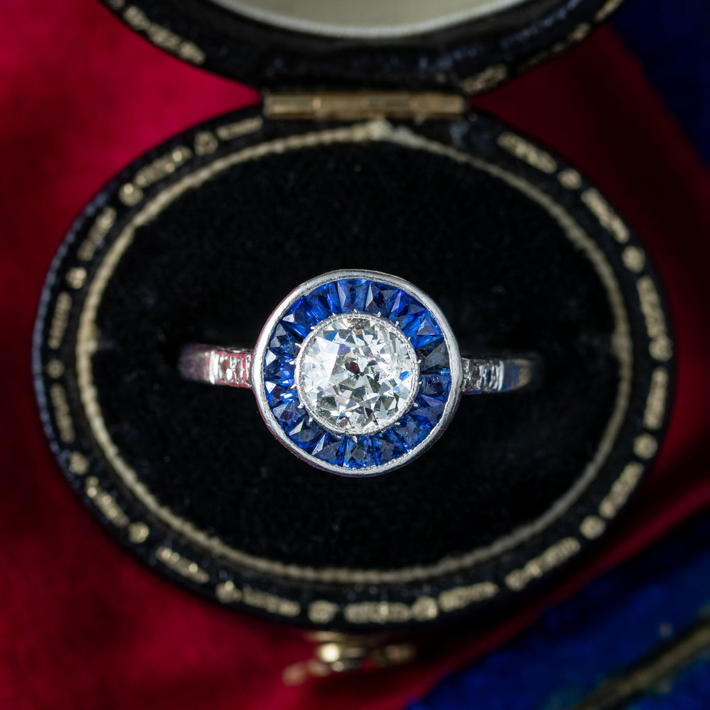 Antique Art Deco Diamond Sapphire Target Cluster Ring 0.70ct Diamond