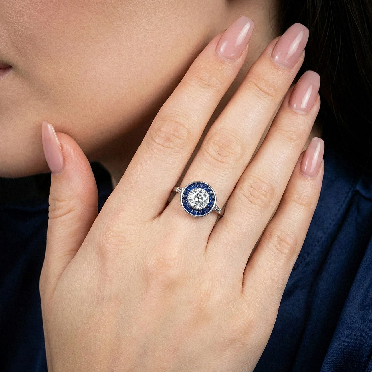 Antique Art Deco Diamond Sapphire Target Cluster Ring 0.70ct Diamond Secondary image