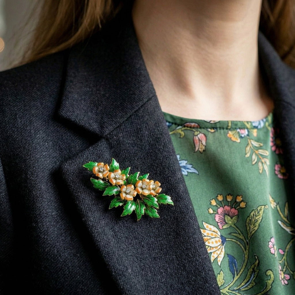 Vintage Diamond Flower Brooch 18ct Gold Enamel Primrose