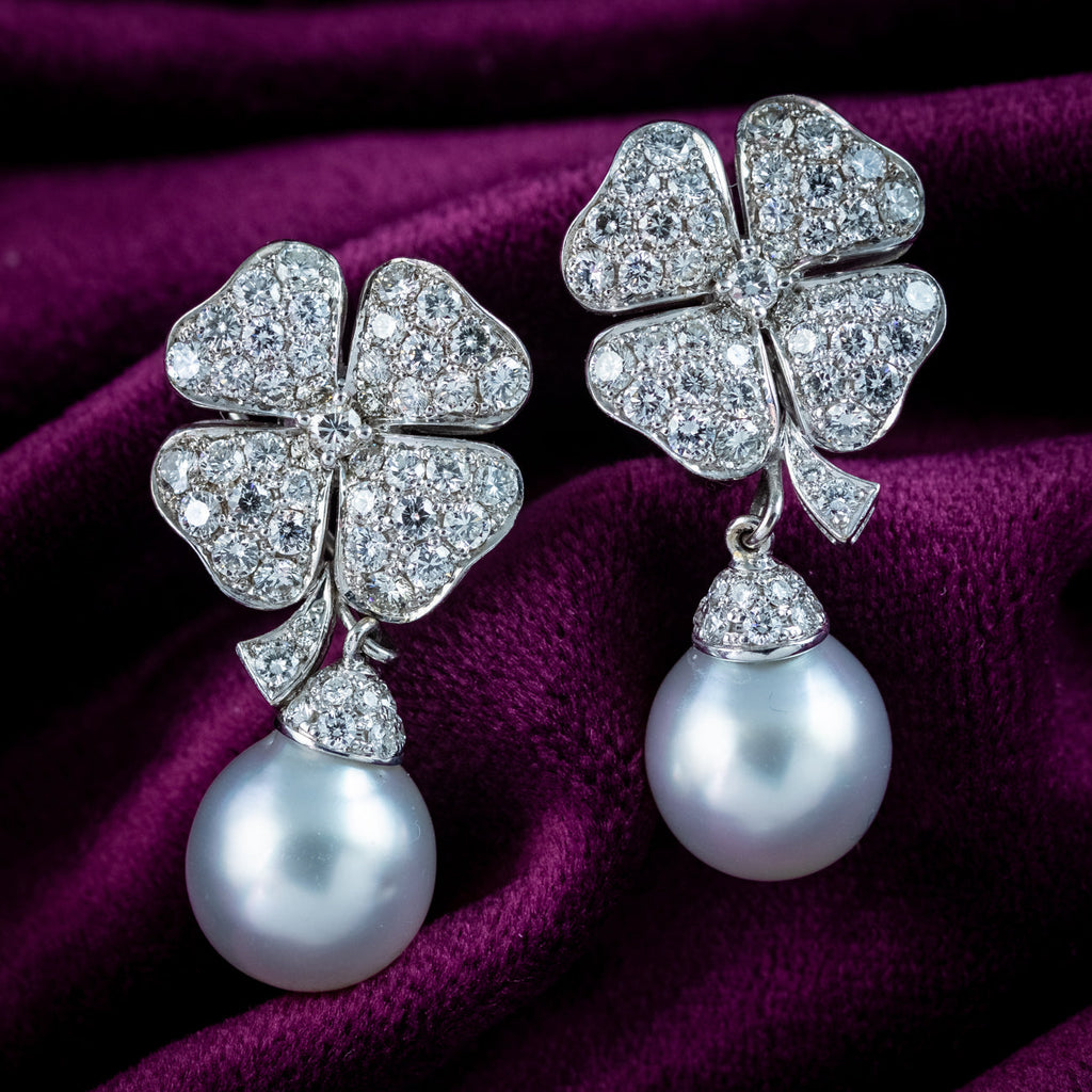 Vintage Diamond Pearl Drop Earrings Platinum Clovers 3.6ct Diamond