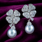 Vintage Diamond Pearl Drop Earrings Platinum Clovers 3.6ct Diamond