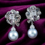 Vintage Diamond Pearl Drop Earrings Platinum Clovers 3.6ct Diamond
