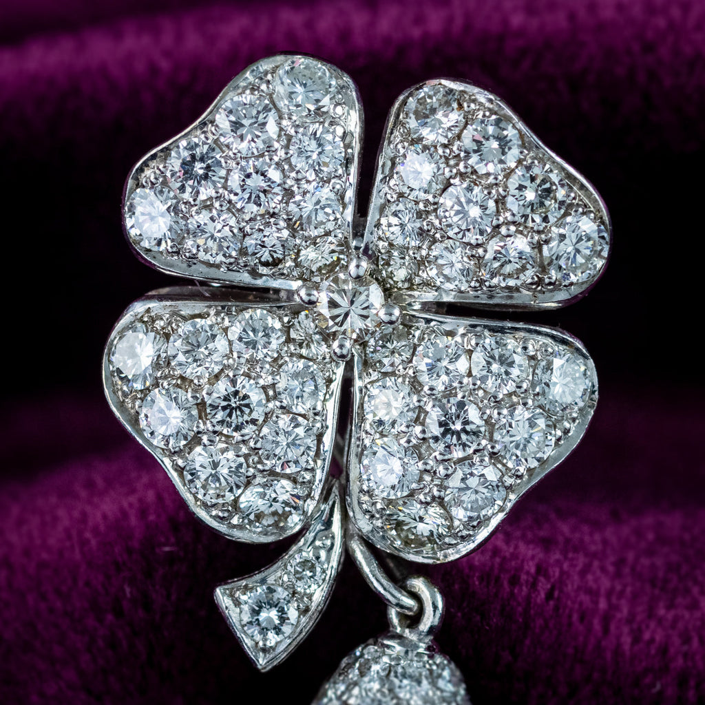 Vintage Diamond Pearl Drop Earrings Platinum Clovers 3.6ct Diamond