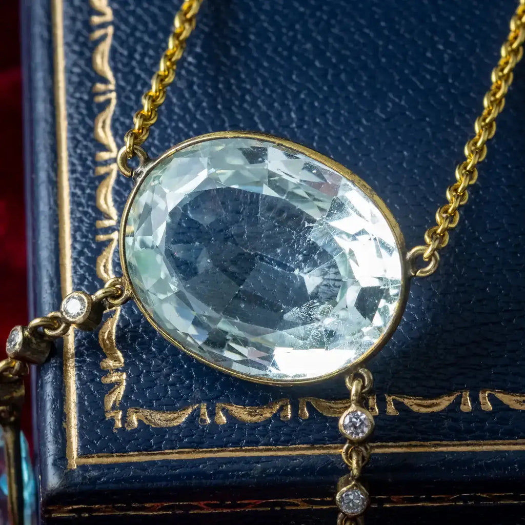 Antique Edwardian French Aquamarine Diamond Negligee Necklace 18ct Gold With Box