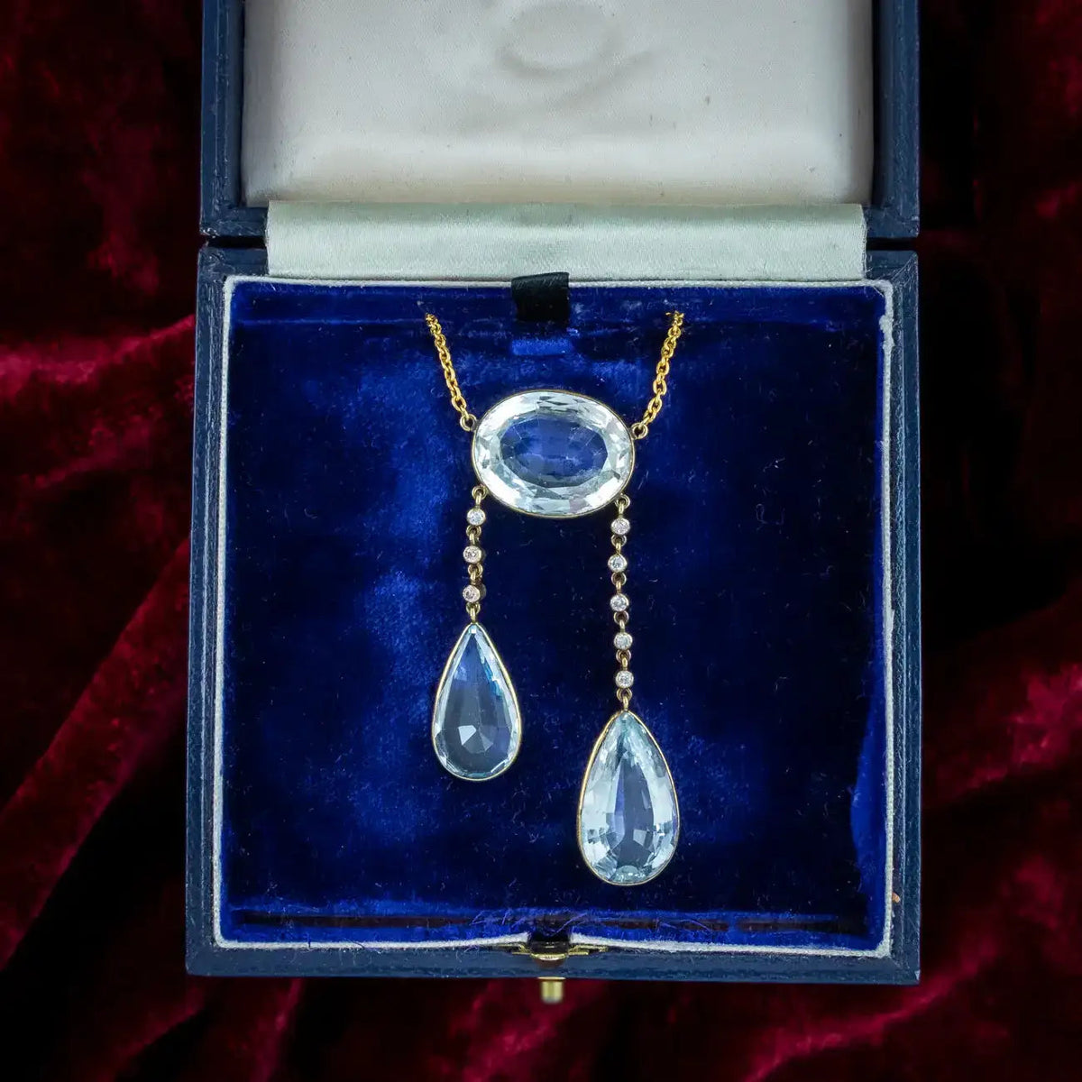 Antique Edwardian French Aquamarine Diamond Negligee Necklace 18ct Gold With Box