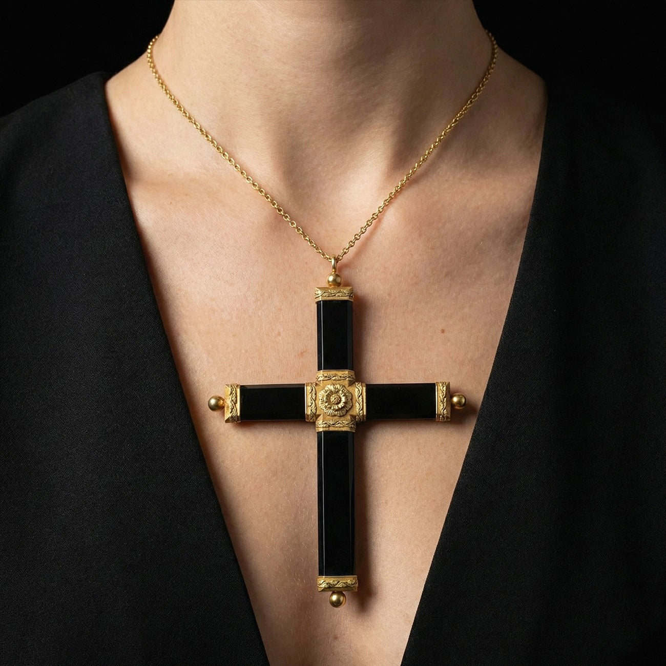 Antique Georgian Cross Pendant Black Onyx 18ct Gold Secondary image