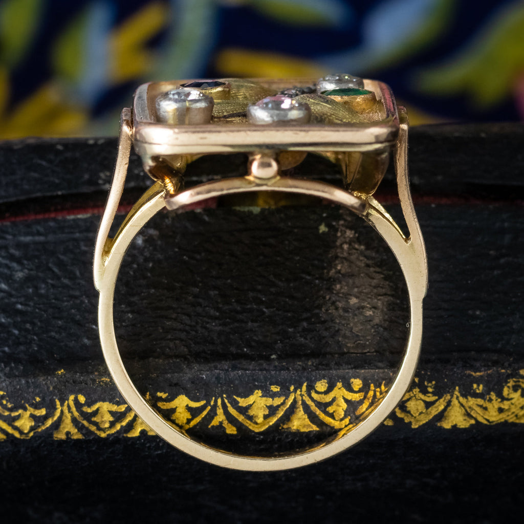 Art Deco Floral Cocktail Ring Diamond Emerald Sapphire 