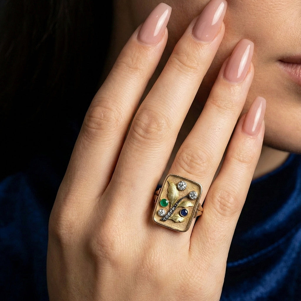 Art Deco Floral Cocktail Ring Diamond Emerald Sapphire 
