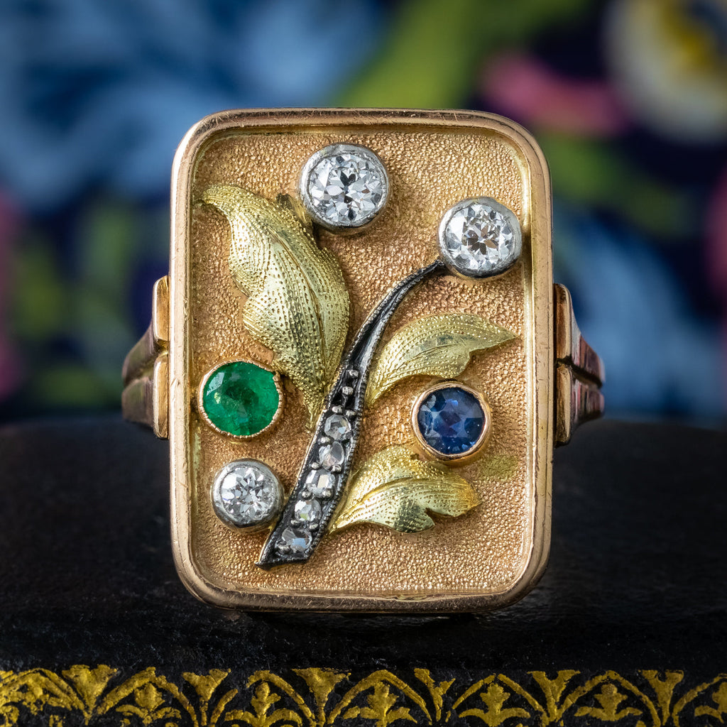 Art Deco Floral Cocktail Ring Diamond Emerald Sapphire 