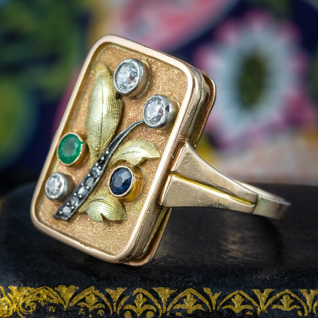 Art Deco Floral Cocktail Ring Diamond Emerald Sapphire 
