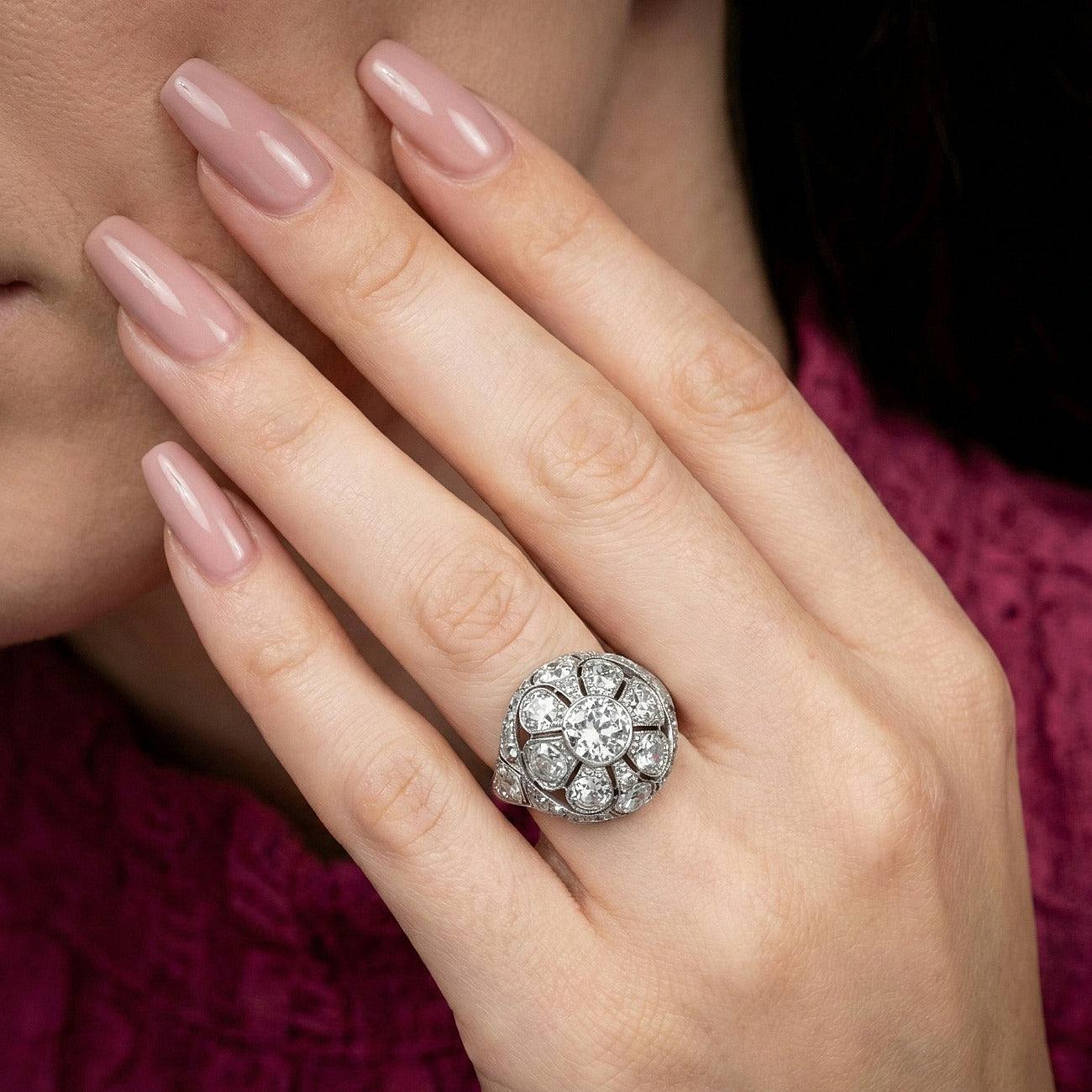 Antique Art Deco Diamond Bombe Cluster Ring 4ct Total Secondary image
