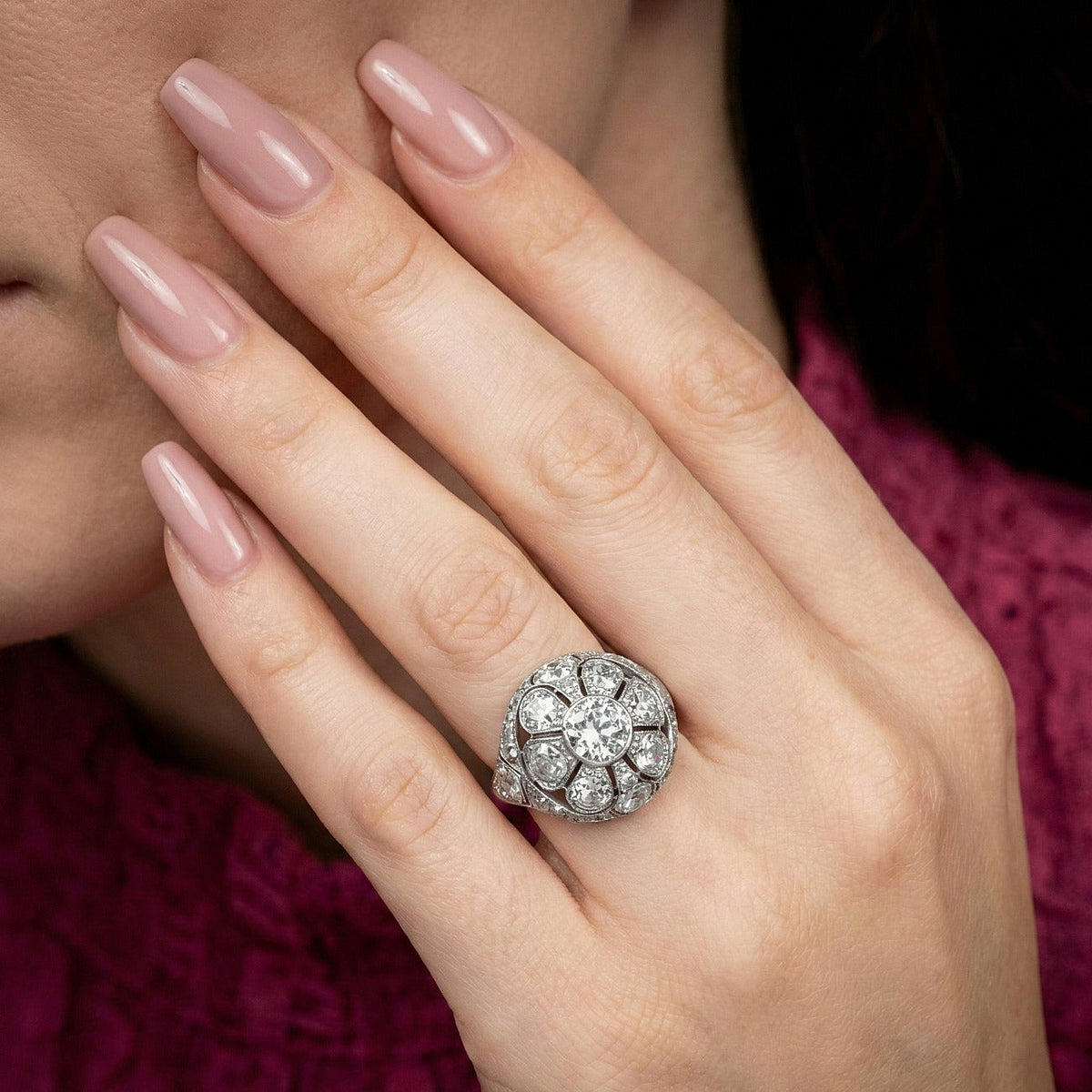 Antique Art Deco Diamond Bombe Cluster Ring 4ct Total