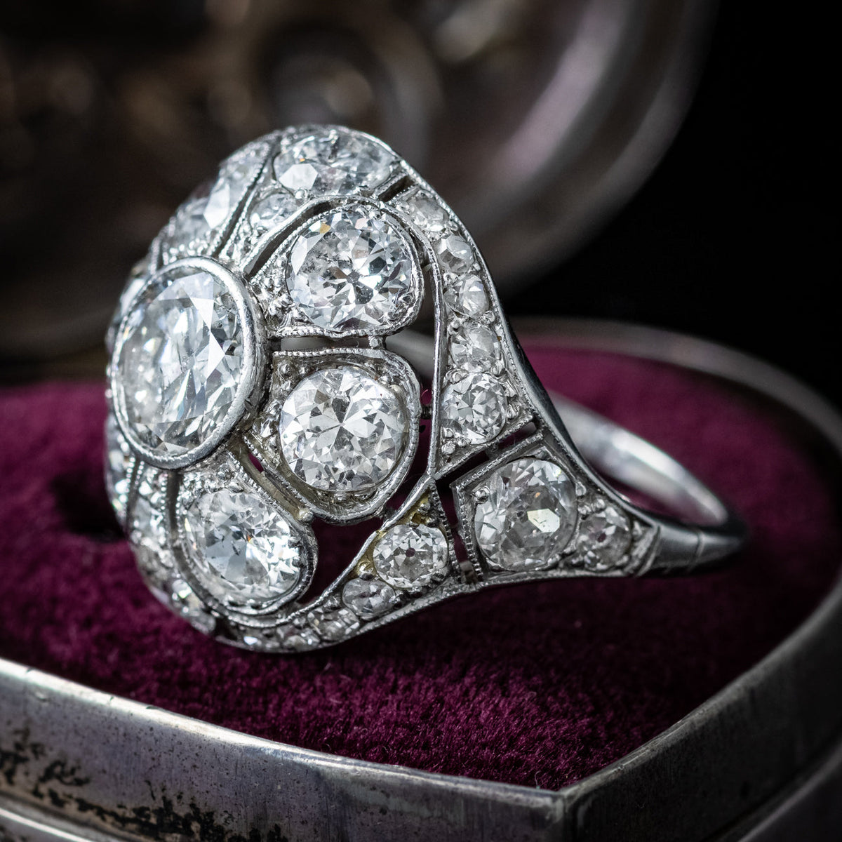 Antique Art Deco Diamond Bombe Cluster Ring 4ct Total