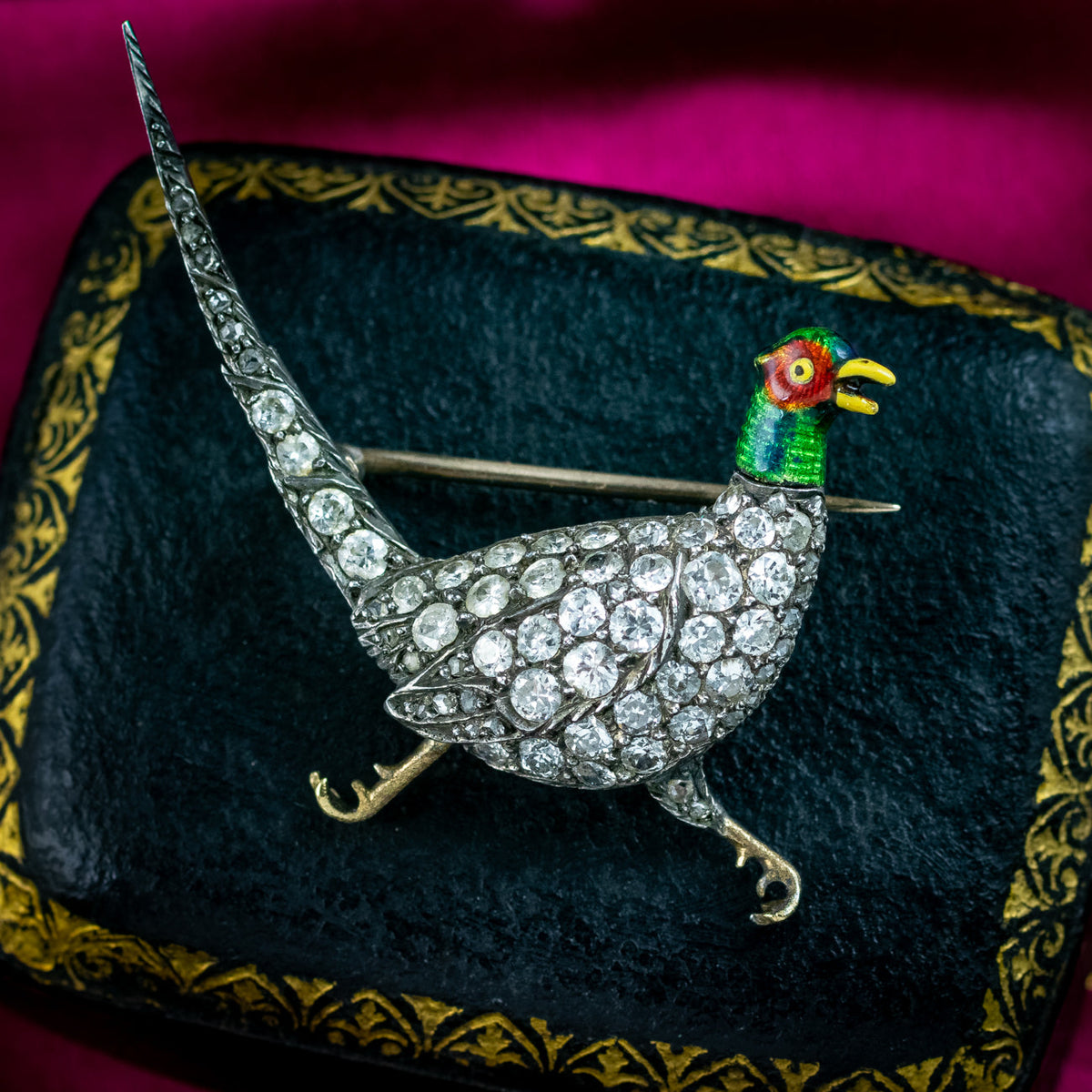 Antique Victorian Diamond Pheasant Brooch Silver Gold 1.6ct Total