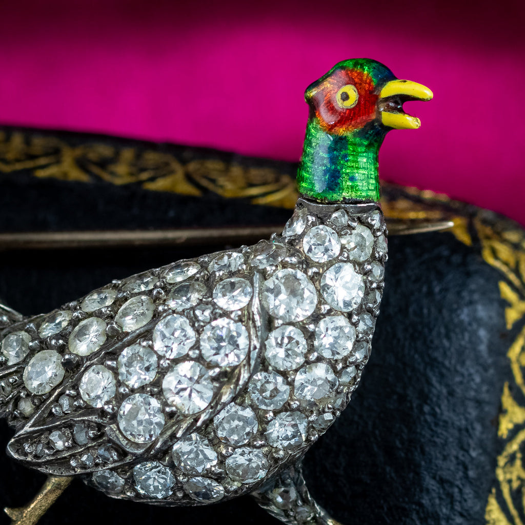 Antique Victorian Diamond Pheasant Brooch Silver Gold 1.6ct Total
