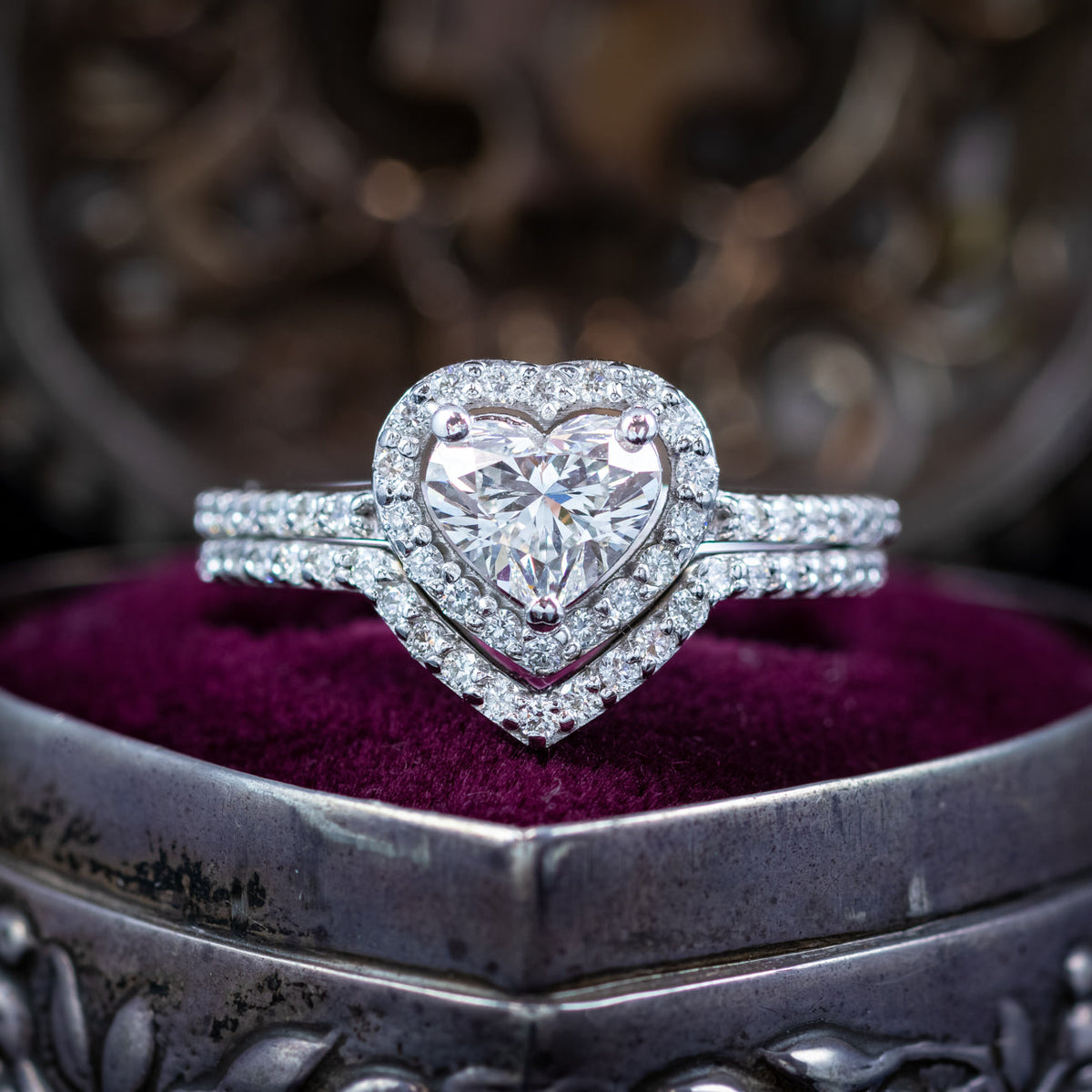 Diamond Heart Bridal Ring Set 2.22ct Total With Cert