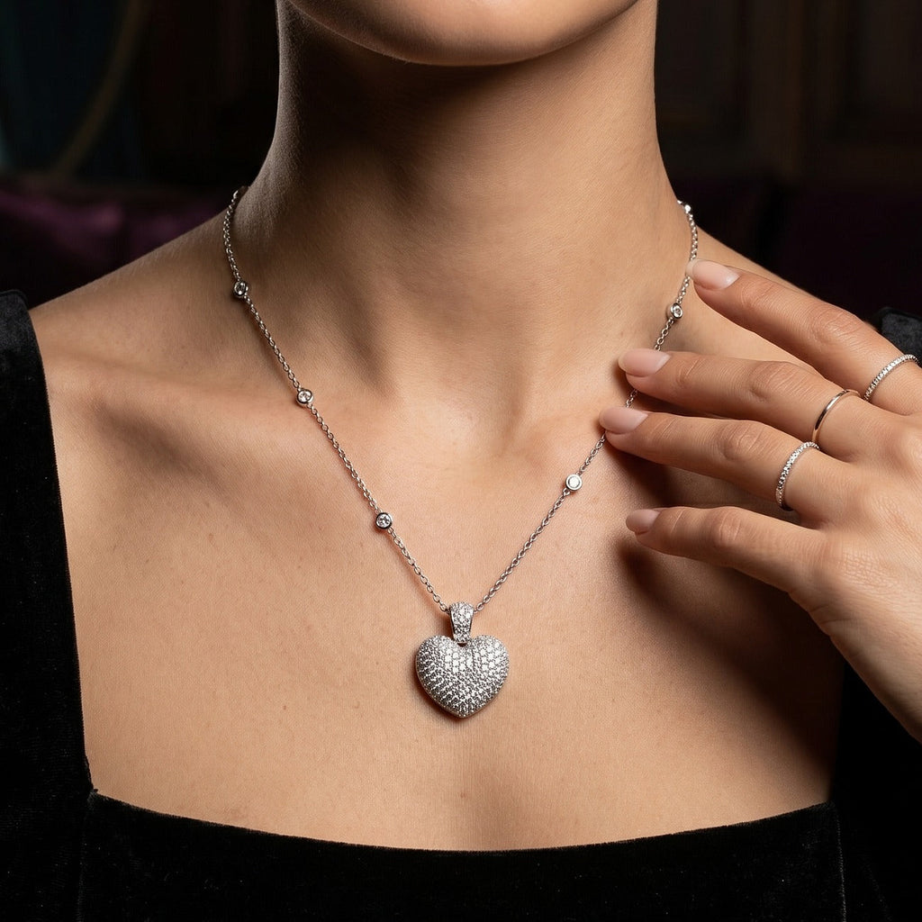 Edwardian Style Diamond Heart Pendant Necklace 18ct Gold 3.95ct Total