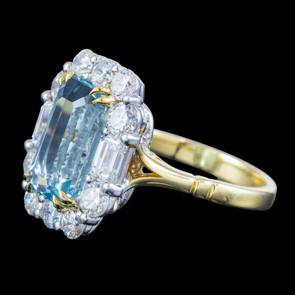 Edwardian Style Aquamarine Diamond Cluster Cocktail Ring 4.17ct Aqua